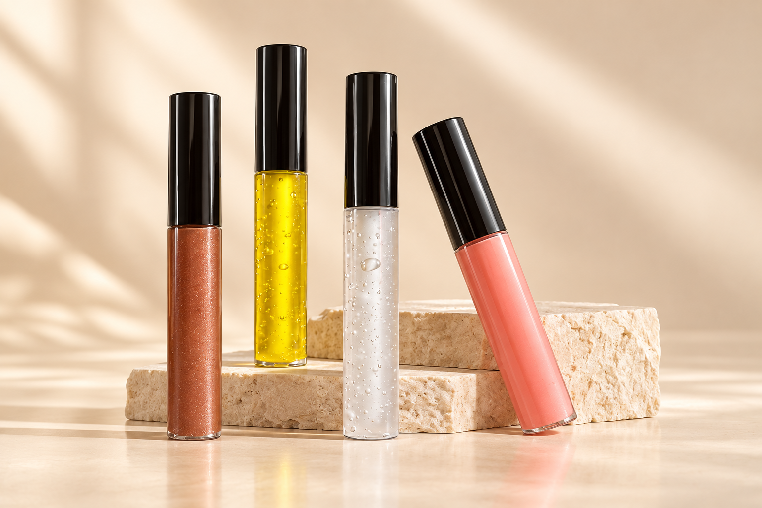 Four Lumiere Luxe glosses with black caps styled on an ivory pedestal